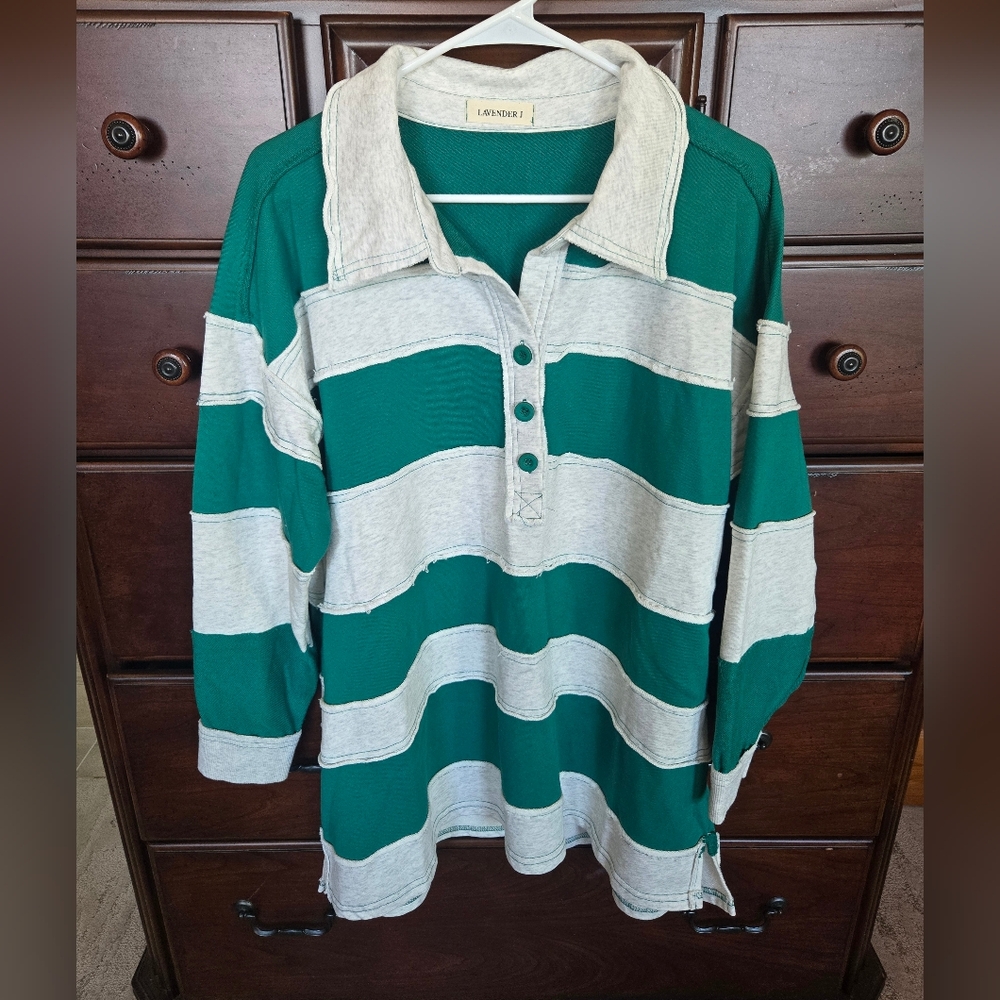 NWOT, Lavender J, Green and White Striped Long Sleeve Polo Shirt, Sz. L